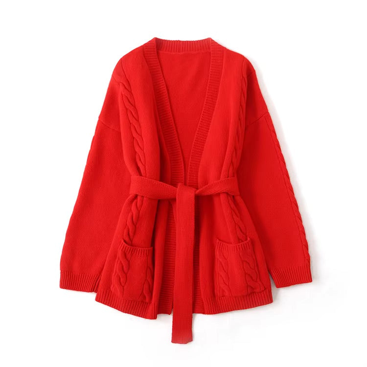 Belted merino wool cardigan with pockets | 3 Colors | Women's wool knitwear
