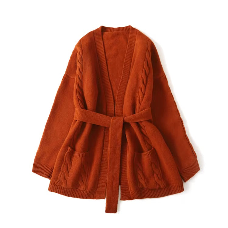 Belted merino wool cardigan with pockets | 3 Colors | Women's wool knitwear