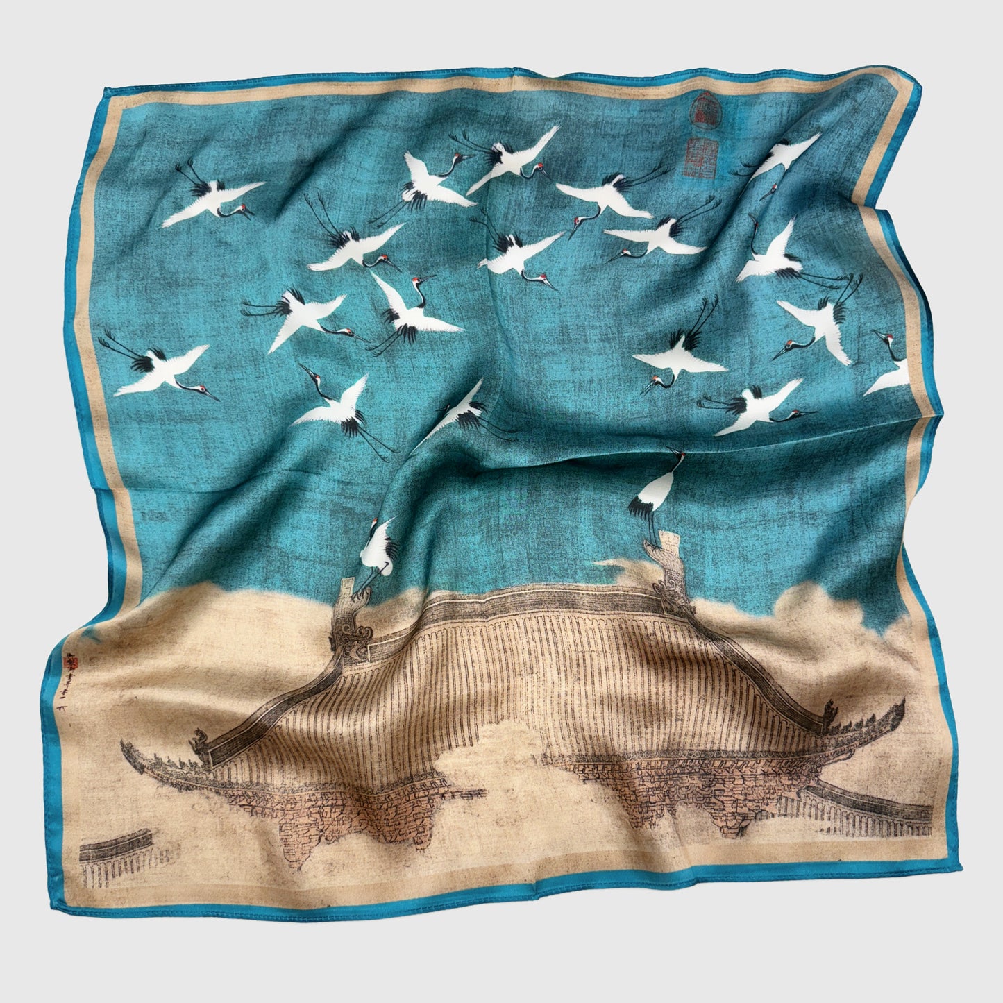 Teal and Cranes Floral Silk Neck Scarf | Silk Necktie