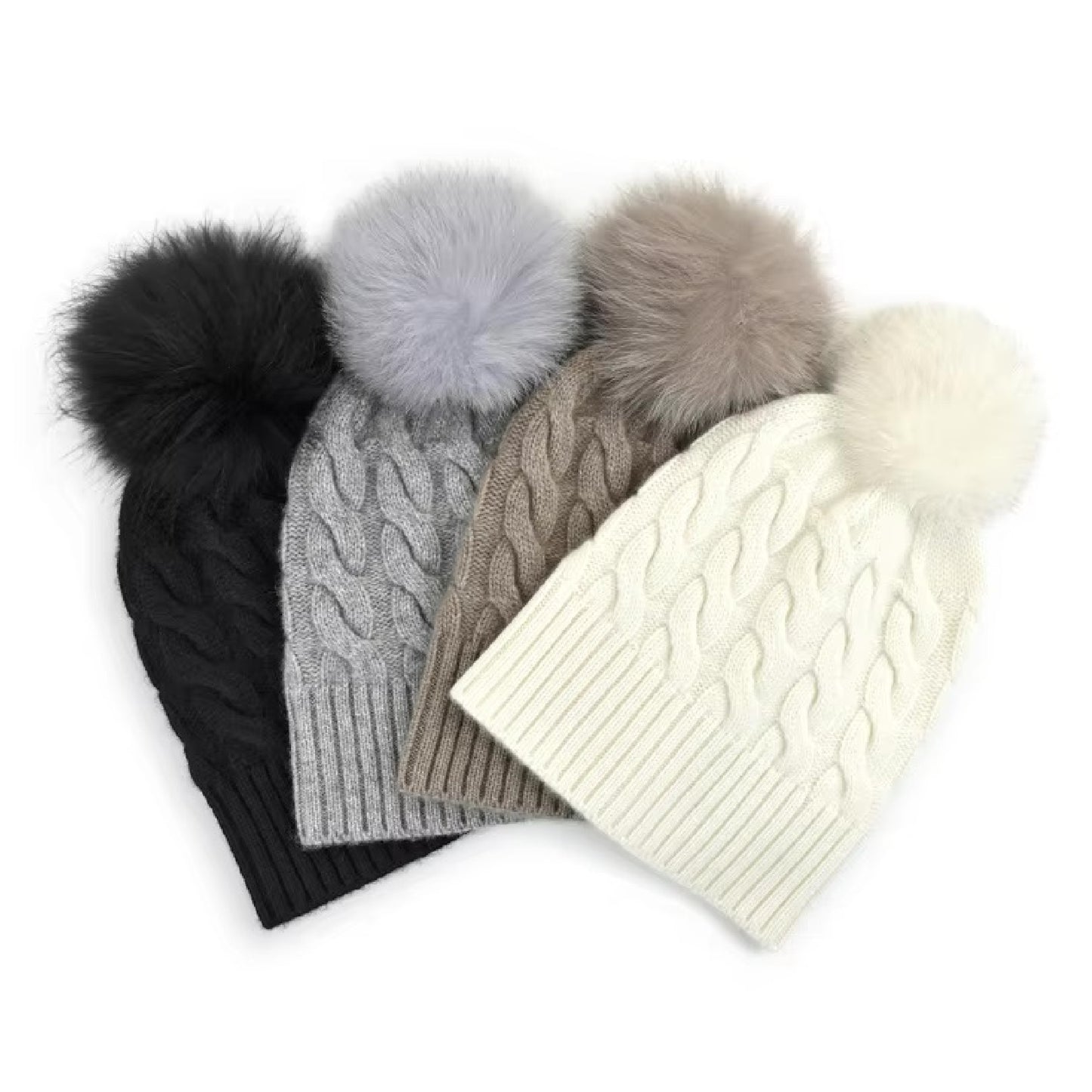 Cashmere cable knit hat with pompom