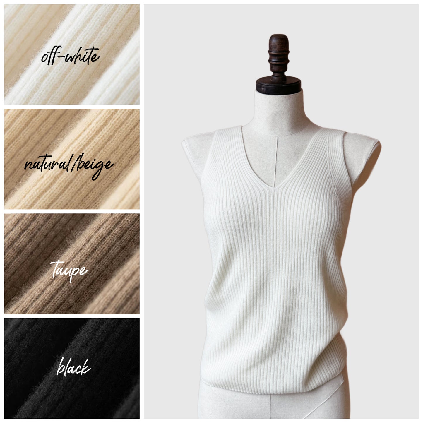 natural cashmere camisole, ribbed knit top, luxury loungewear, soft cashmere tank, fitted cashmere top, V-neck camisole, breathable knitwear, elegant layering piece, cozy cashmere clothing, minimalist fashion