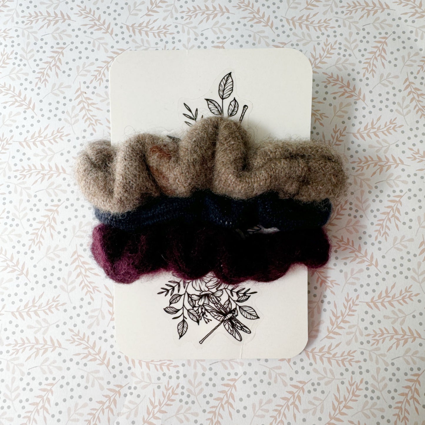 Neutral cashmere scrunchies, made in Canada hair accessories for fragile hair