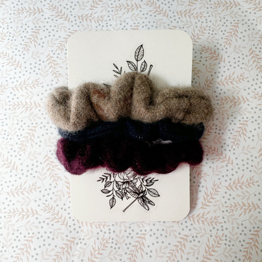 Neutral cashmere scrunchies, made in Canada hair accessories for fragile hair