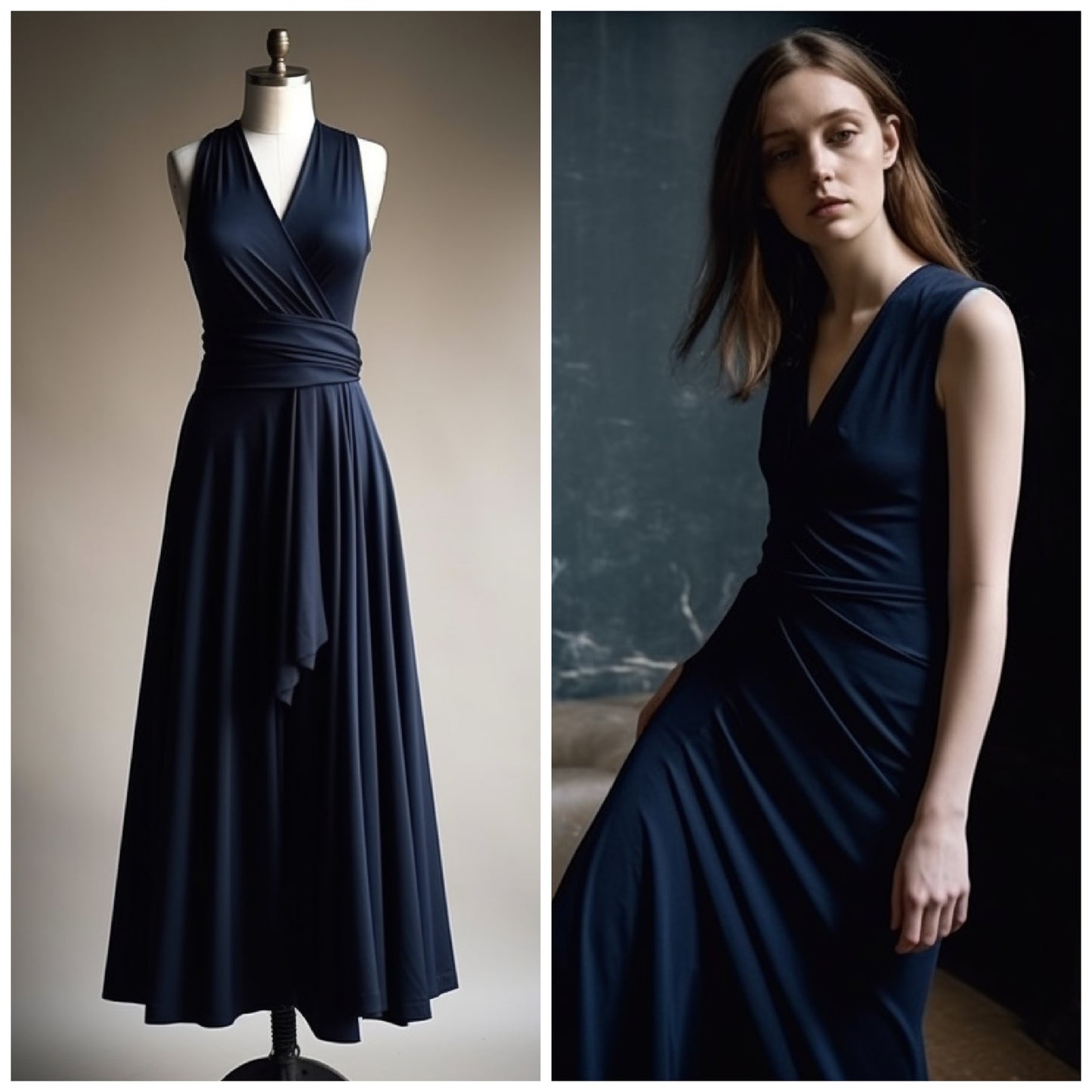 Long Faux Wrap Dress with sash | Custom-made organic apparel