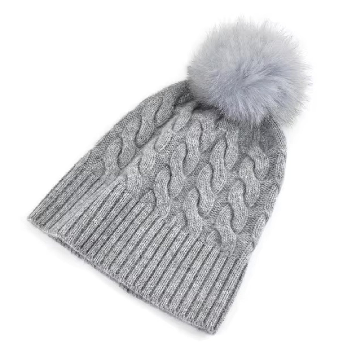 Cashmere cable knit hat with pompom