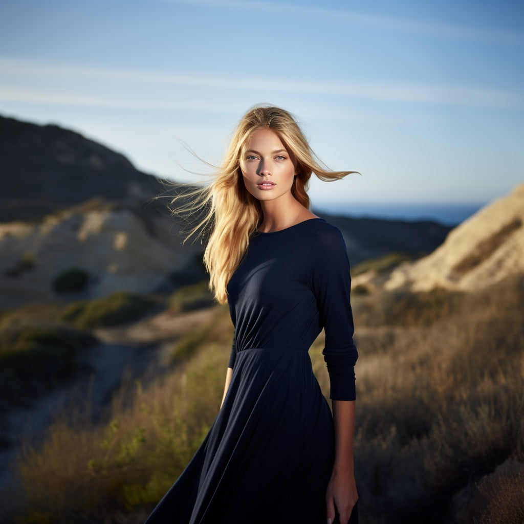 Handmade Organic Cotton Jersey Dress. Designed in Canada, this dress features a slightly fitted waist and an A-line skirt for a flattering silhouette. Its fitted long sleeves enhance its timeless appeal