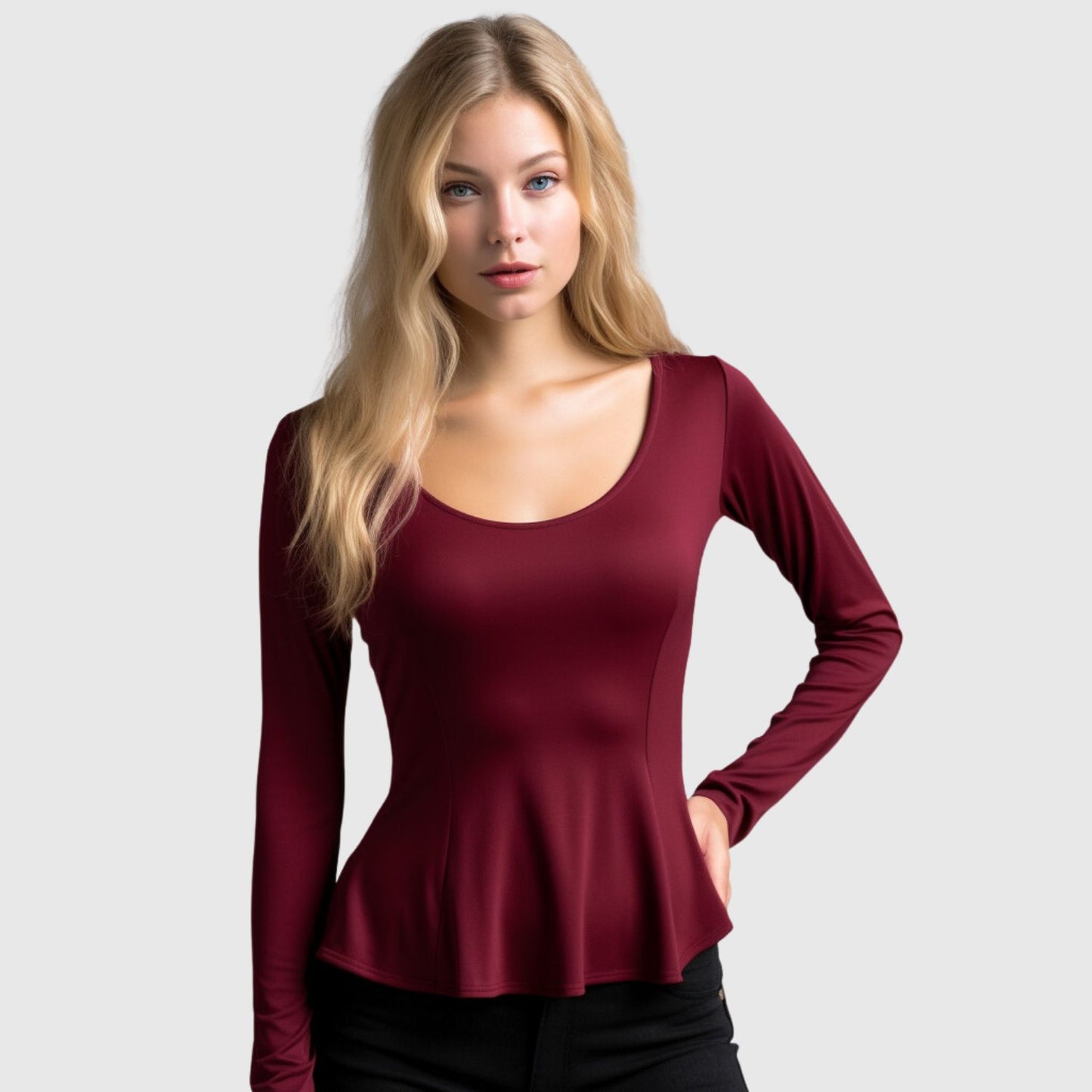 wine red peplum shirt cropped top, made in Canada organic women's clothing