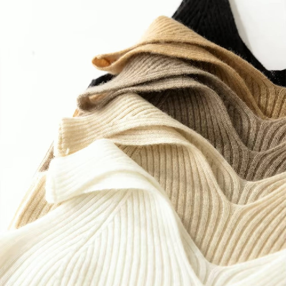 made in Canada cashmere camisole, ribbed knit top, luxury loungewear, soft cashmere tank, fitted cashmere top, V-neck camisole, breathable knitwear, elegant layering piece, cozy cashmere clothing, minimalist fashion