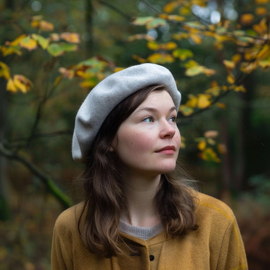 A woman wearing a gray French wool beret, standing in a forest setting with autumn leaves.