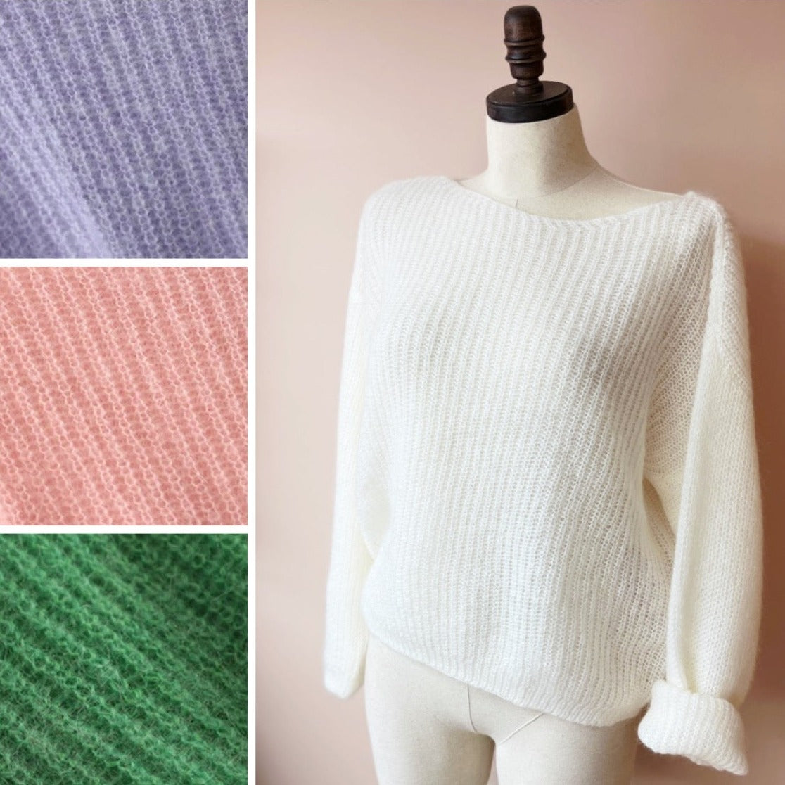 pink Oversized wool top, Soft and airy, Fuzzy texture, Machine knit, Merino blend, Relaxed fit, Boat neckline, Extra long sleeves, Boho-style, 2 sizes 4 colors, Vanilla shade, Stretchy knit, Ontario Canada
