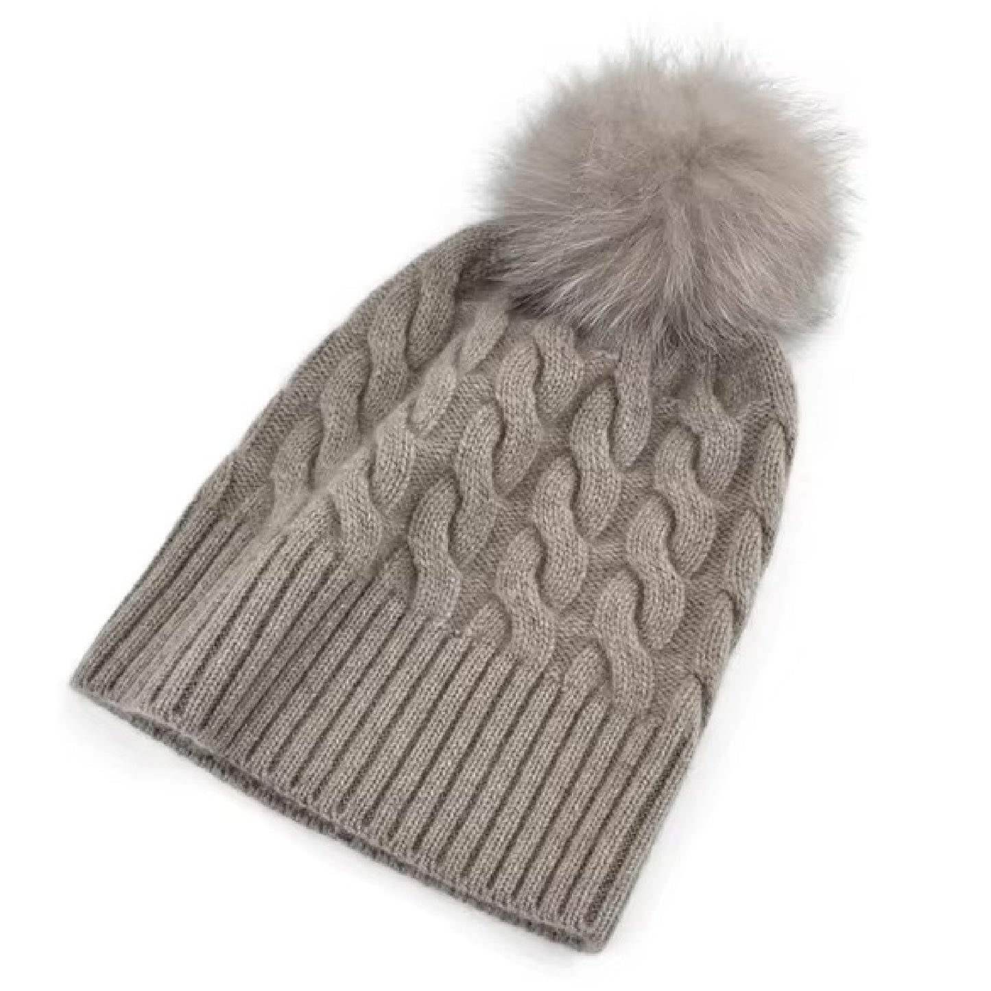 Cashmere cable knit hat with pompom