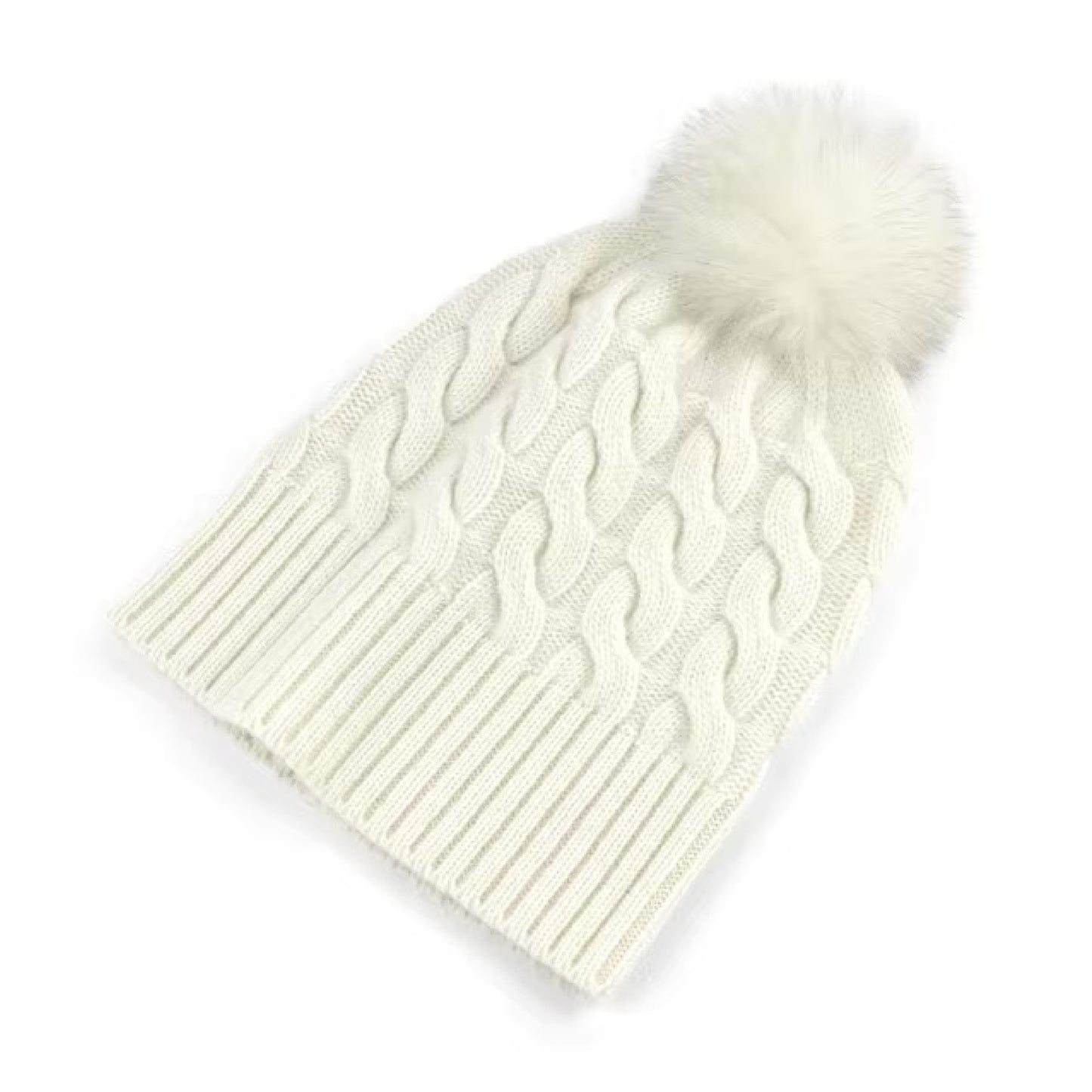 Cashmere cable knit hat with pompom