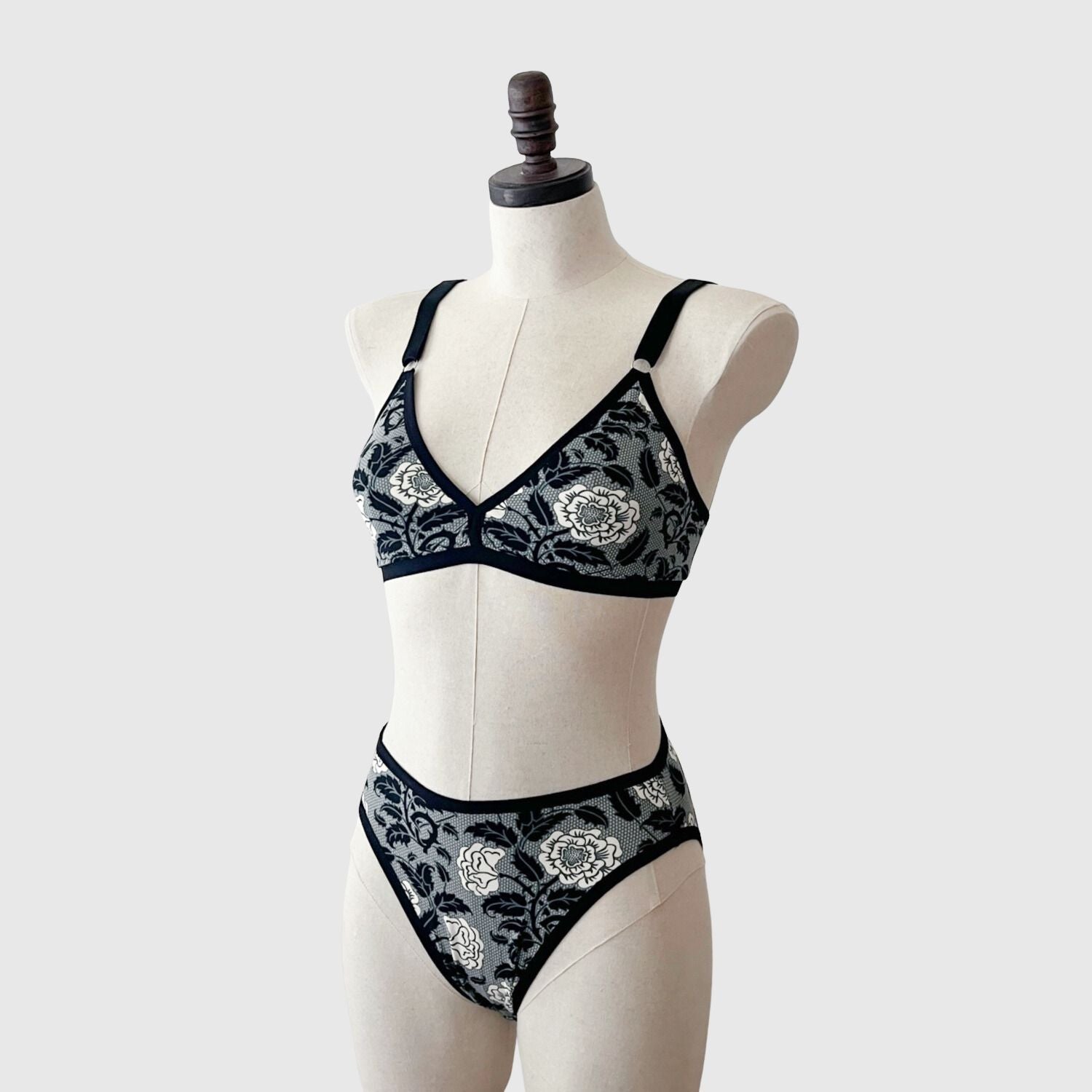Organic cotton lingerie set , Grey Floral Women's Underwear - Inspire Uplift