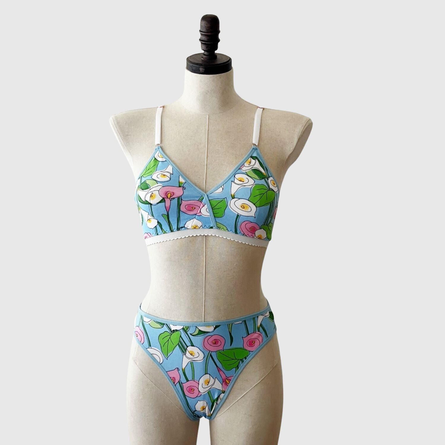 Aqua Blue floral lingerie set - organic cotton bra and brief