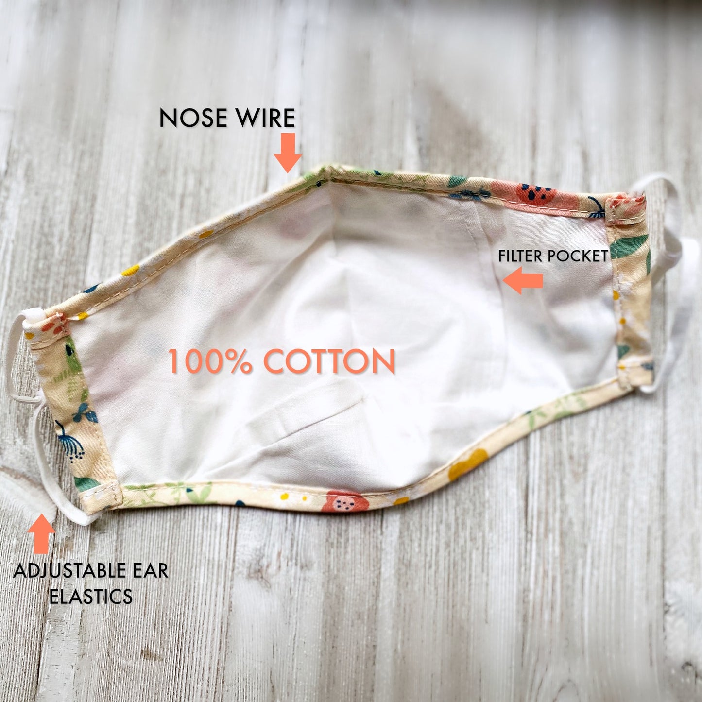 face mask with filter pocket | Fitted floral face mask | Buy made in Canada washable and reusable cloth mask | Buy organic cotton face masks | Shop made in Canada face masks | Silk, cotton and linen face masks from Canada