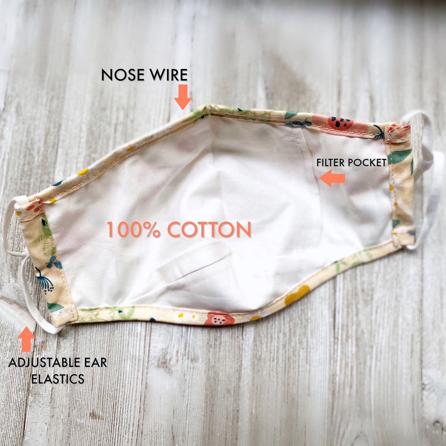 face mask with filter pocket | Fitted floral face mask | Buy made in Canada washable and reusable cloth mask | Buy organic cotton face masks | Shop made in Canada face masks | Silk, cotton and linen face masks from Canada