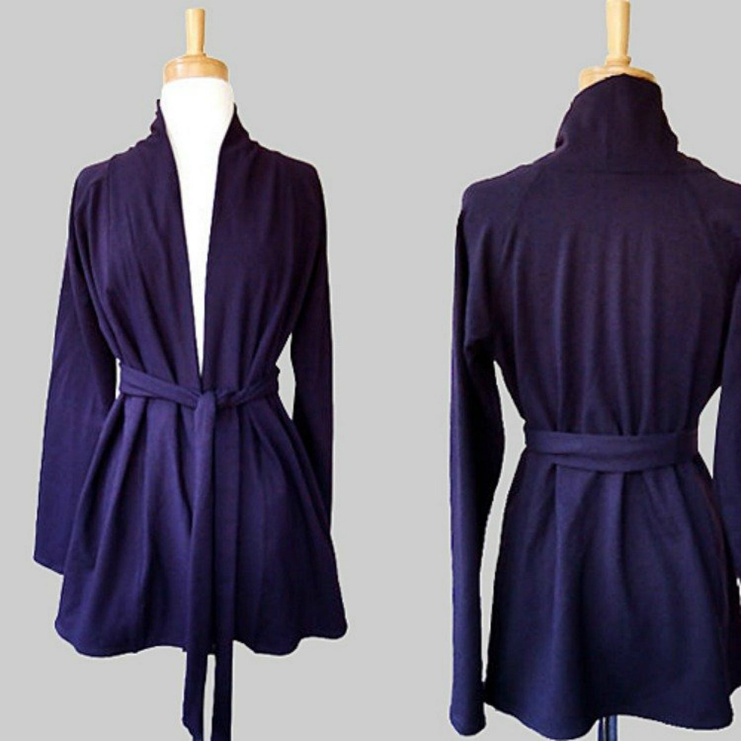 Long cardigan, wool cardigan cover up, organic cotton bamboo shawl collar top, long sweatshirt top with a belt, made to order clothing