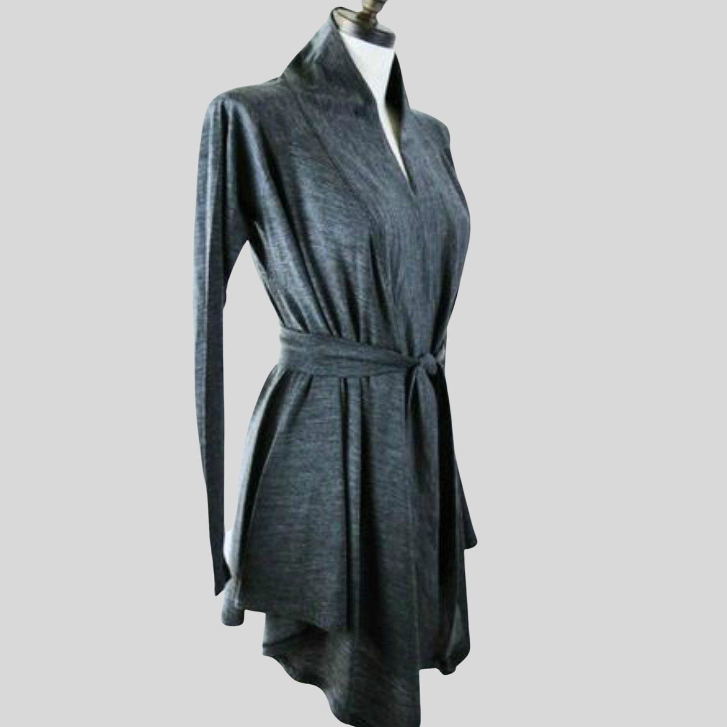 Grey wool cardigan with belt | 100% merino wool jersey top | Shop merino wool clothing made in Canada | Women's organic clothes store | Econica