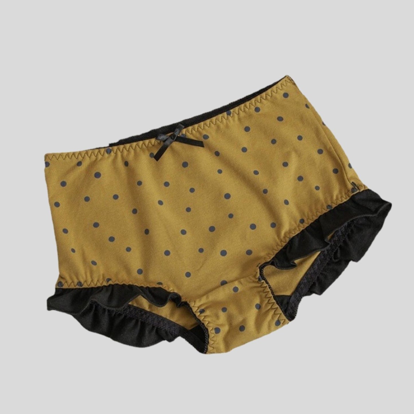 shop made in Canada 100% cotton panty briefs, Black polka dot underwear, Frilly cotton panties, Full coverage cotton briefs, White cotton underwear, Olive cotton panty, Mauve cotton briefs, Polka dot and frills design, Comfortable full coverage panties, Stylish cotton underwear.