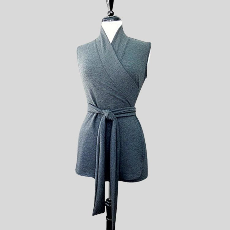 Shop grey wrap top | Organic cotton sleeveless wrap top | Made in Canada women's wrap tops, dresses, skirts and pants | Econica organic clothing for women