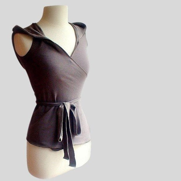 hooded wrap vest for women | Made in Canada organic cotton wrap vest with hood | Econica