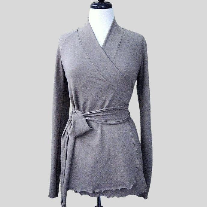 long wrap top in gray | Organic cotton wrap top Canada | Shop women's wrap tops made in Canada
