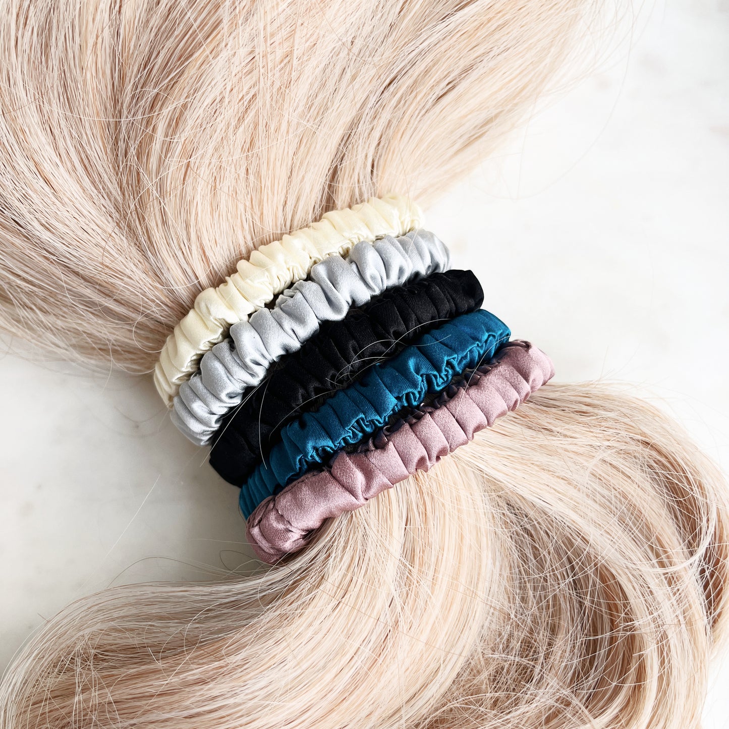Shop Neutral 100% Silk Scrunchies | Silk Earth Tone | Silk Skinny Scrunchies | Silk Skinny Hair Ties | Skinny Scrunchie Pack | Pure Mulberry Silk