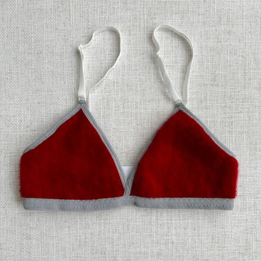 Red Organic cotton and cashmere lingerie, handmade in Canada by Econica, Canadian cashmere and merino wool, eco-friendly women's underwear, luxurious cashmere bras and panties, sustainable fashion from Canada, artisanal craftsmanship in lingerie, soft and comfortable organic materials, merino wool women's clothing, ethical and natural intimate wear.
