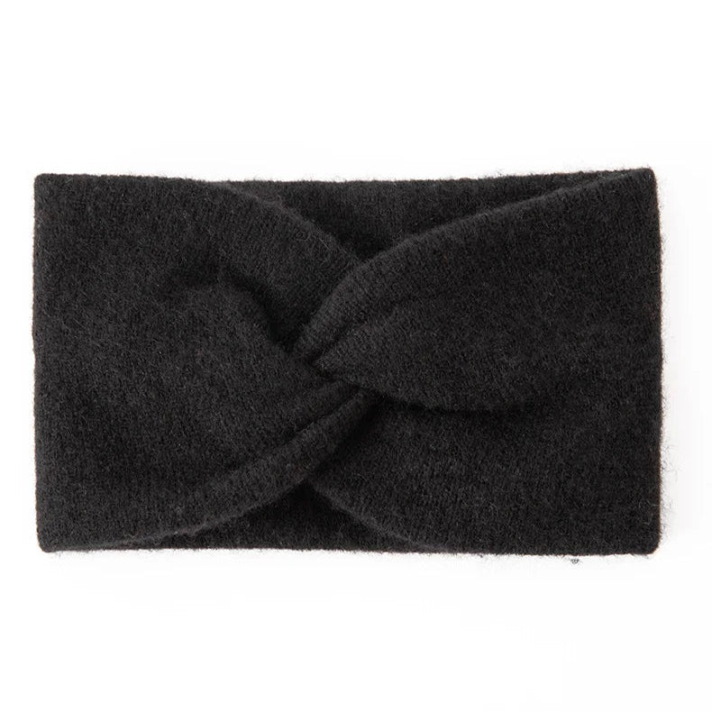 Dark gray cashmere headband with a twisted design on a white background