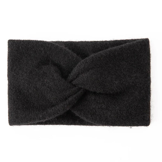 Dark gray cashmere headband with a twisted design on a white background