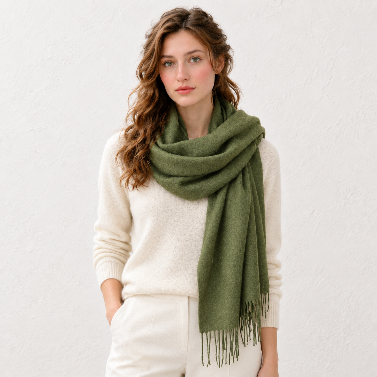 CLEARANCE Oversized lambswool scarf in Olive Green