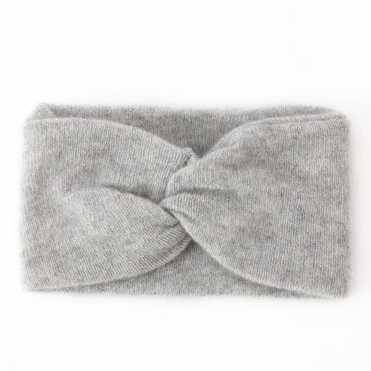 Gray cashmere knotted headband on a white background