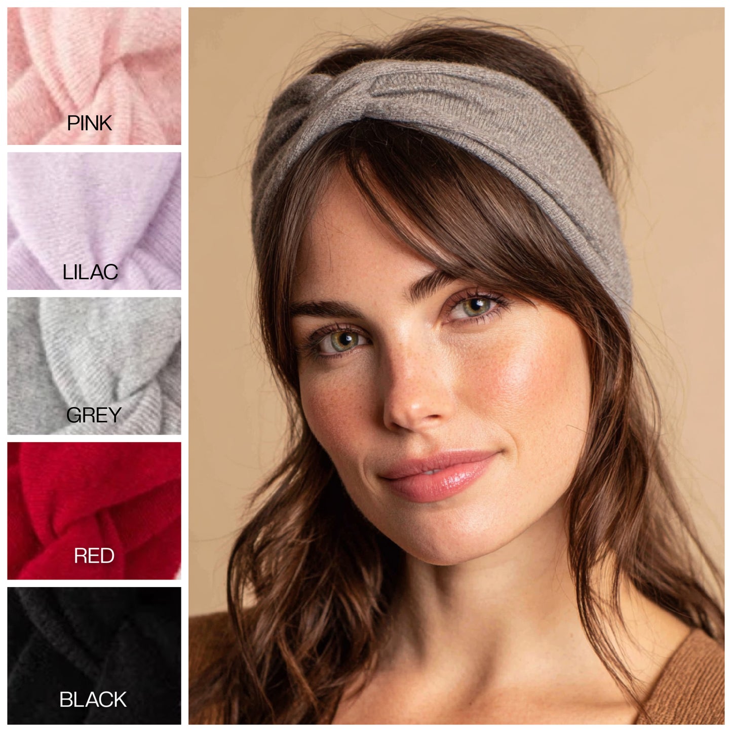 Woman wearing a gray headband with color swatches on the side
