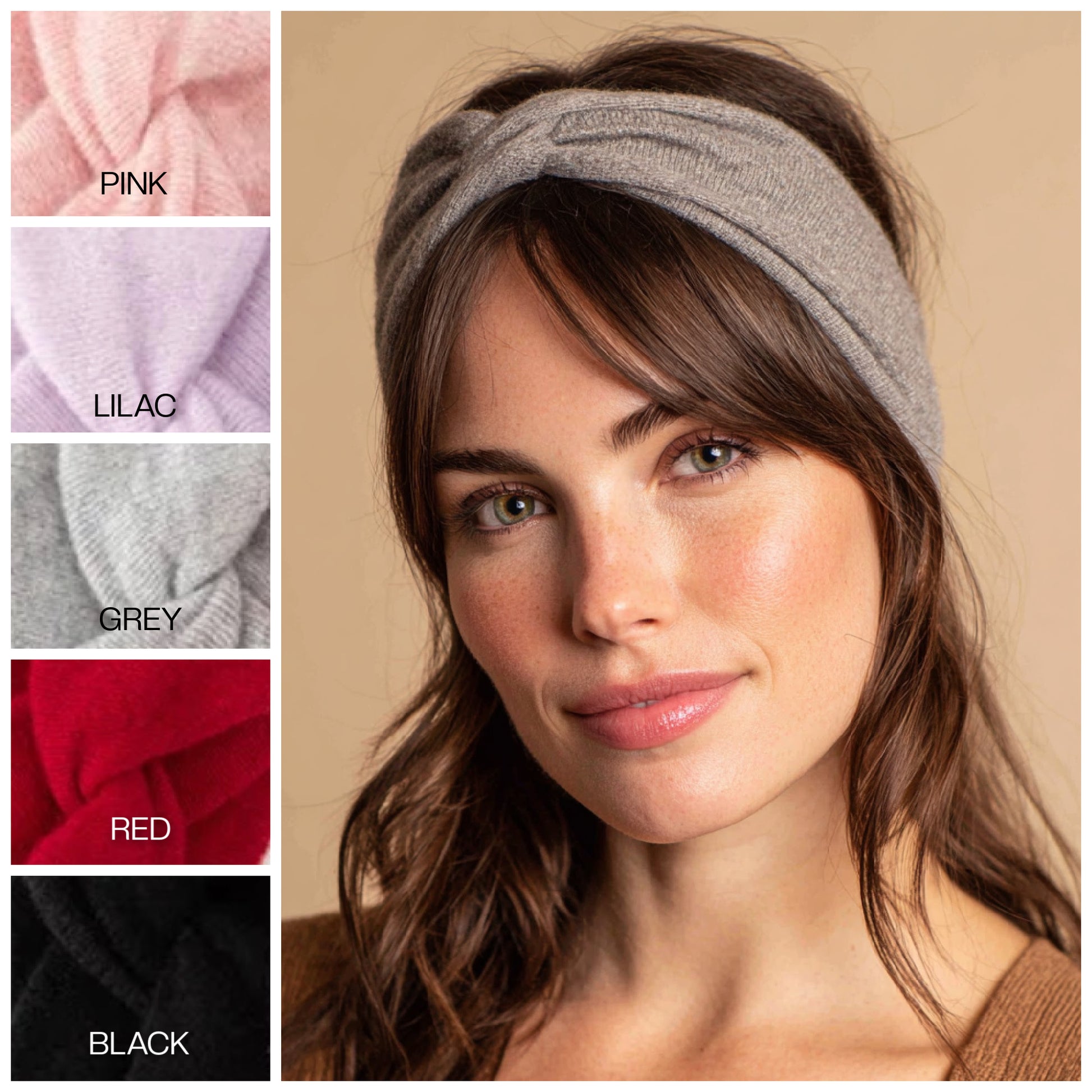 Woman wearing a gray headband with color swatches on the side