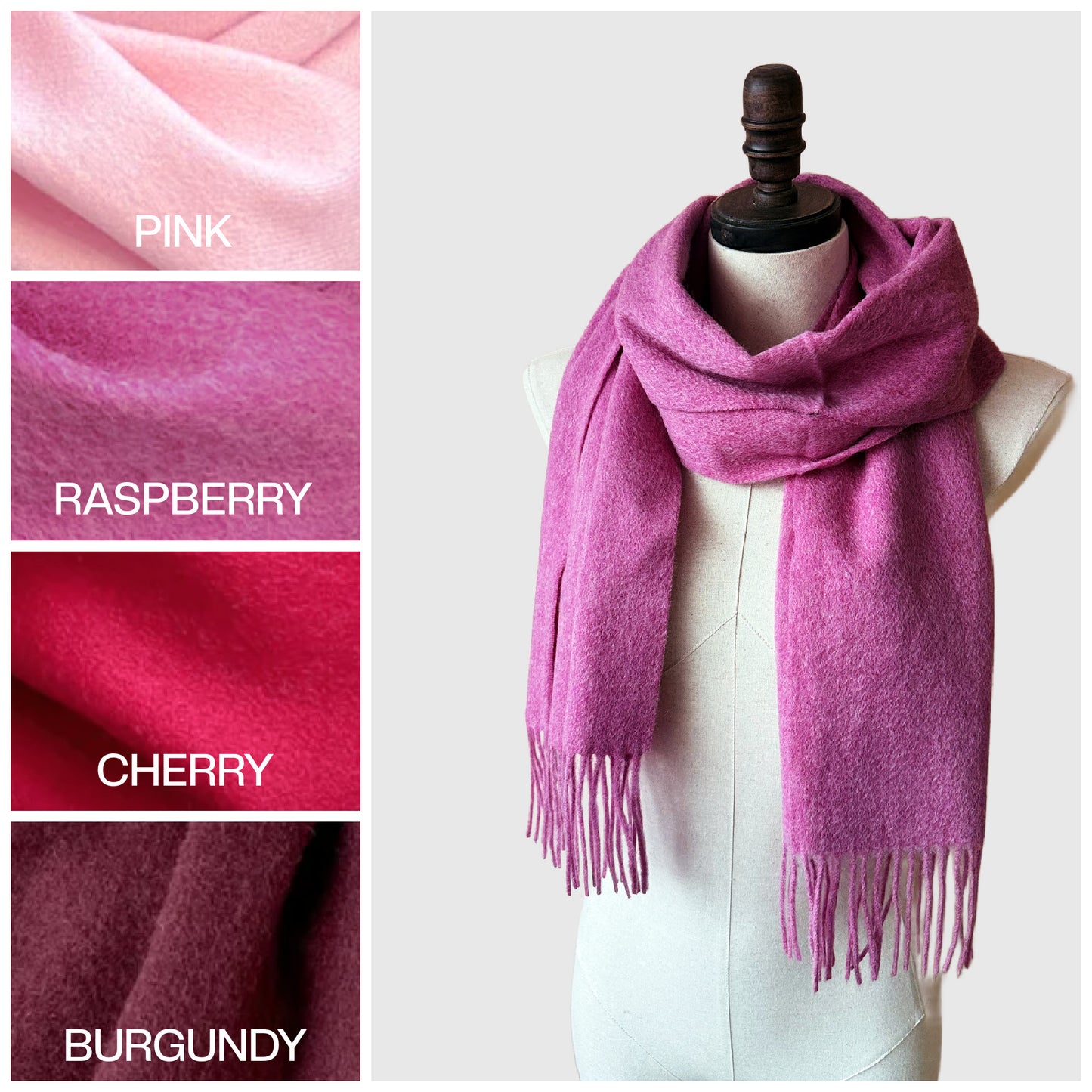 Pink and Red Merino Wool Scarf | Long scarf with tassels | 4 Colors