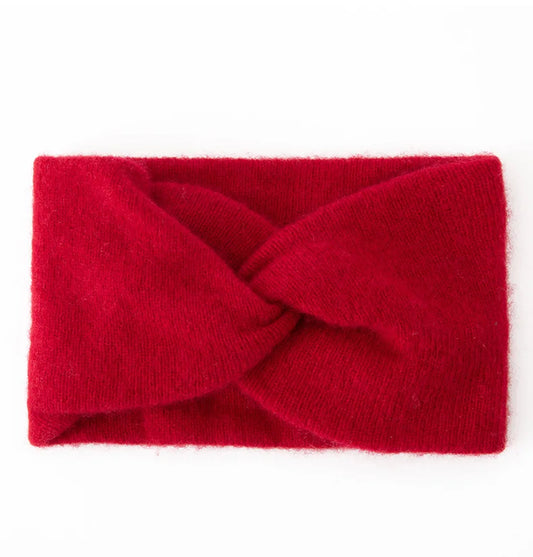 cashmere Red knitted headband on a white background