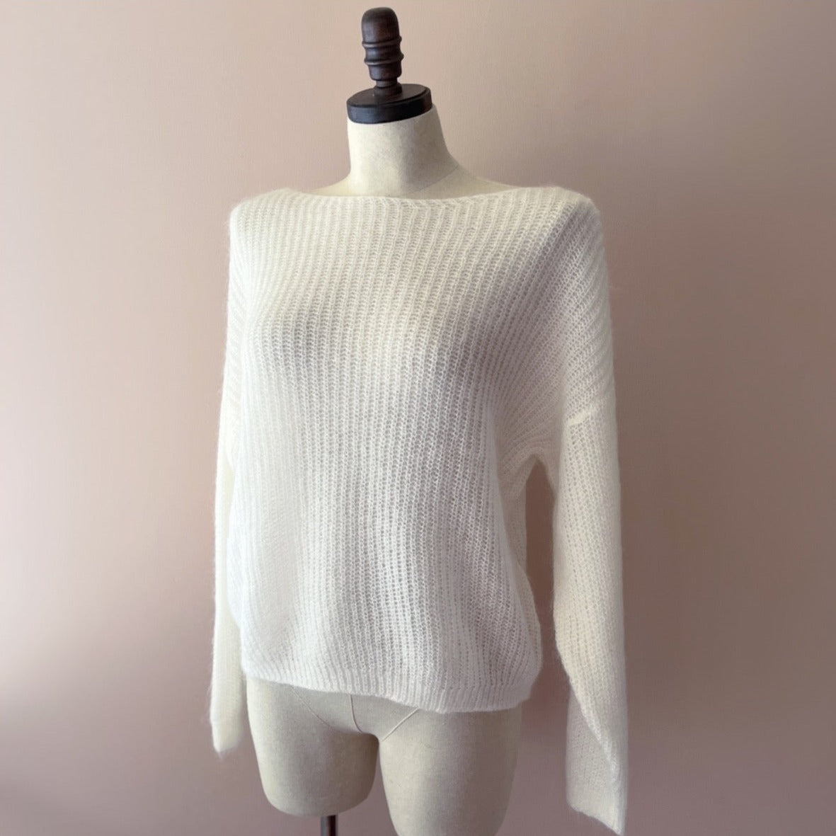 slouchy boho style Oversized wool top, Soft and airy, Fuzzy texture, Machine knit, Merino blend, Relaxed fit, Boat neckline, Extra long sleeves, Boho-style, 2 sizes 4 colors, Vanilla shade, Stretchy knit, Ontario Canada