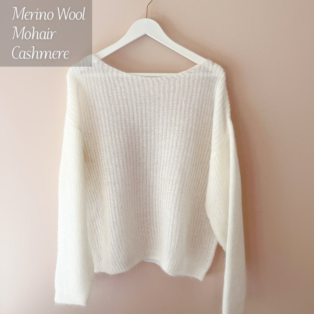 Fluffy Off white Oversized wool top, Soft and airy, Fuzzy texture, Machine knit, Merino blend, Relaxed fit, Boat neckline, Extra long sleeves, Boho-style, 2 sizes 4 colors, Vanilla shade, Stretchy knit, Ontario Canada
