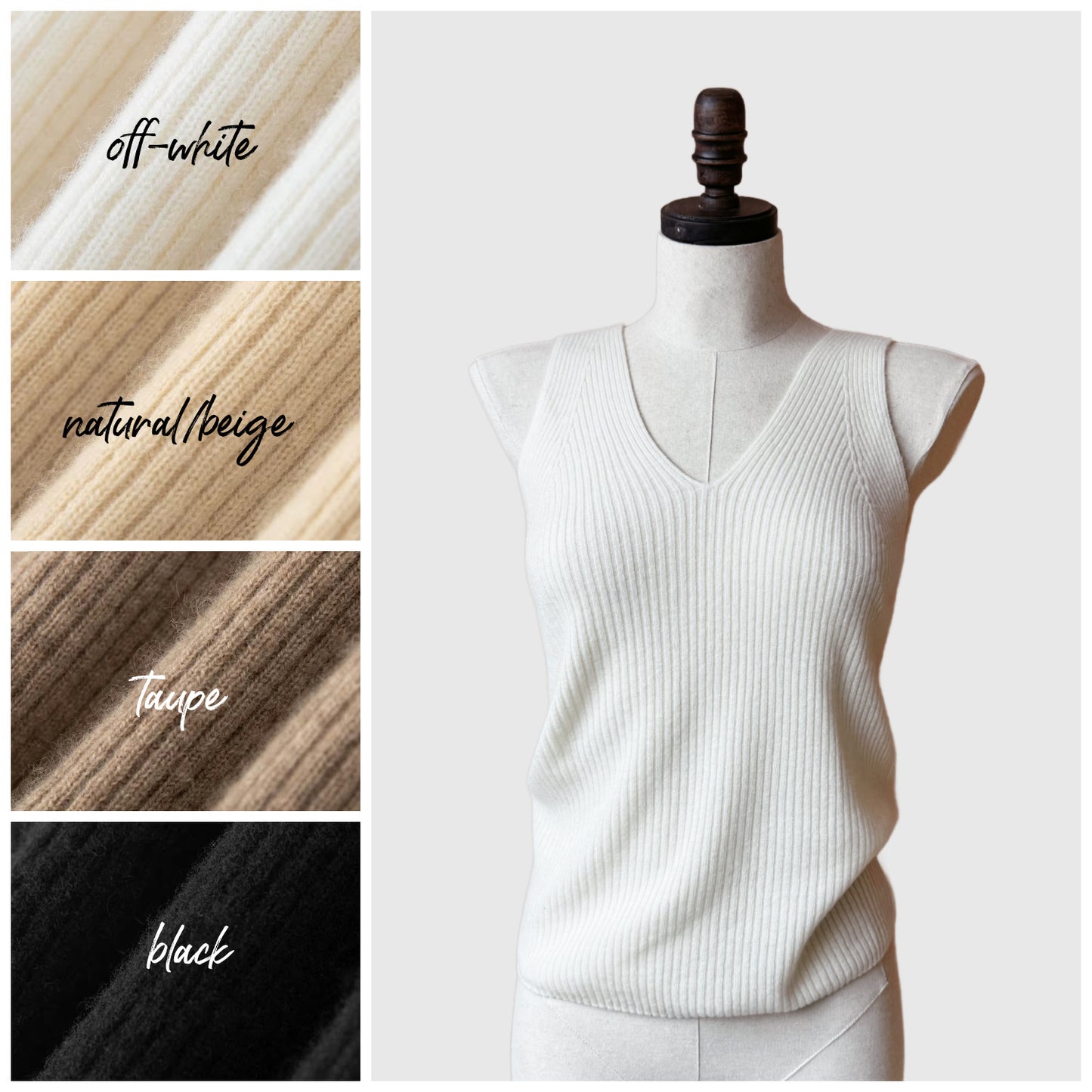 natural cashmere camisole, ribbed knit top, luxury loungewear, soft cashmere tank, fitted cashmere top, V-neck camisole, breathable knitwear, elegant layering piece, cozy cashmere clothing, minimalist fashion
