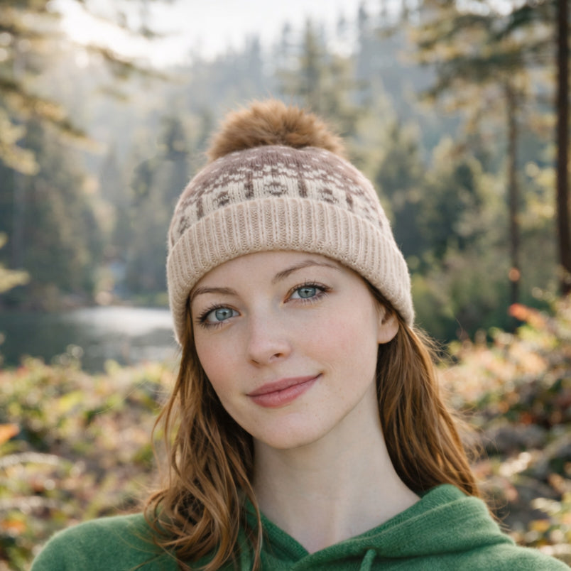 Cashmere pompom hat | Nordic pattern beanie hat