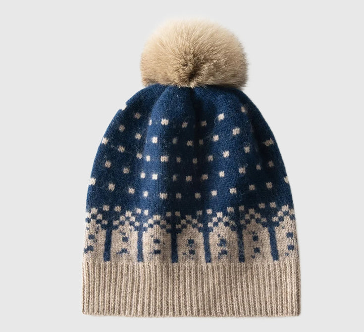Cashmere pompom hat | Nordic pattern beanie hat