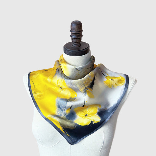 Yellow Grey Floral Silk Neck Scarf | Silk Summer Neck Wrap