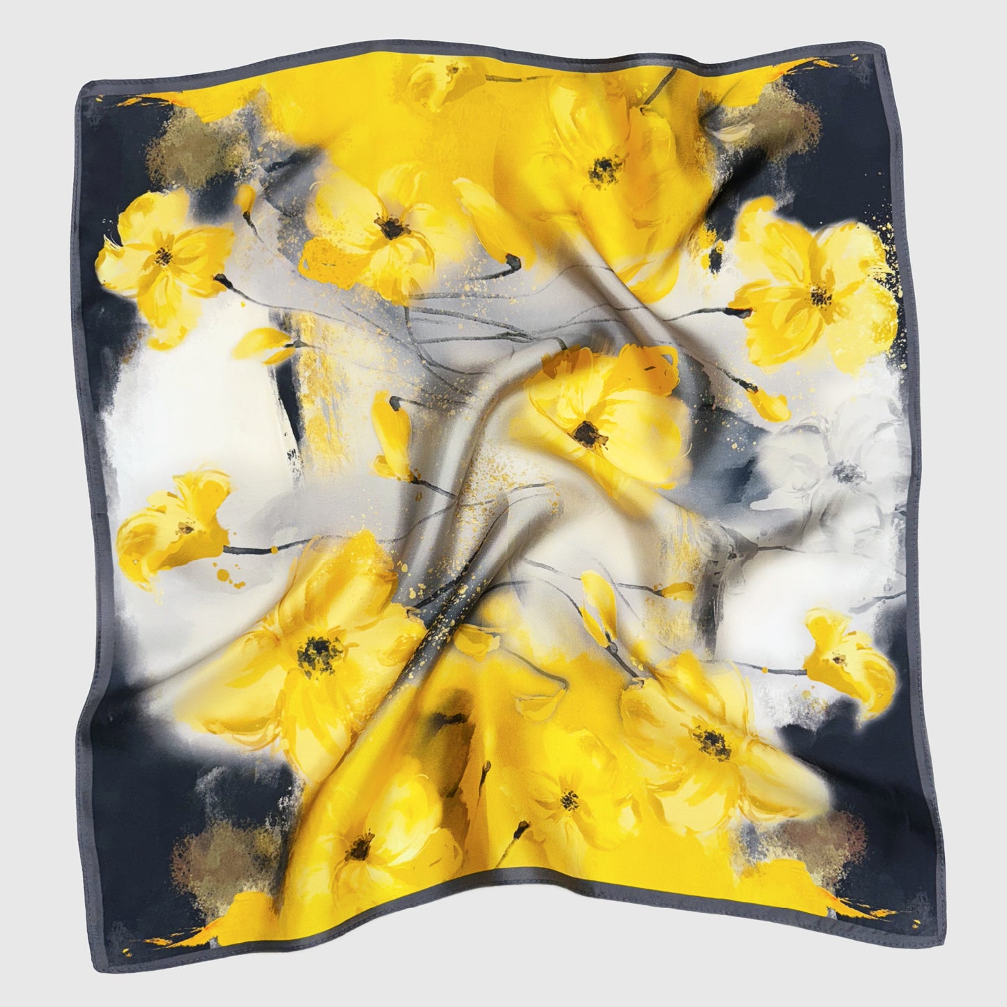 Yellow Grey Floral Silk Neck Scarf | Silk Summer Neck Wrap
