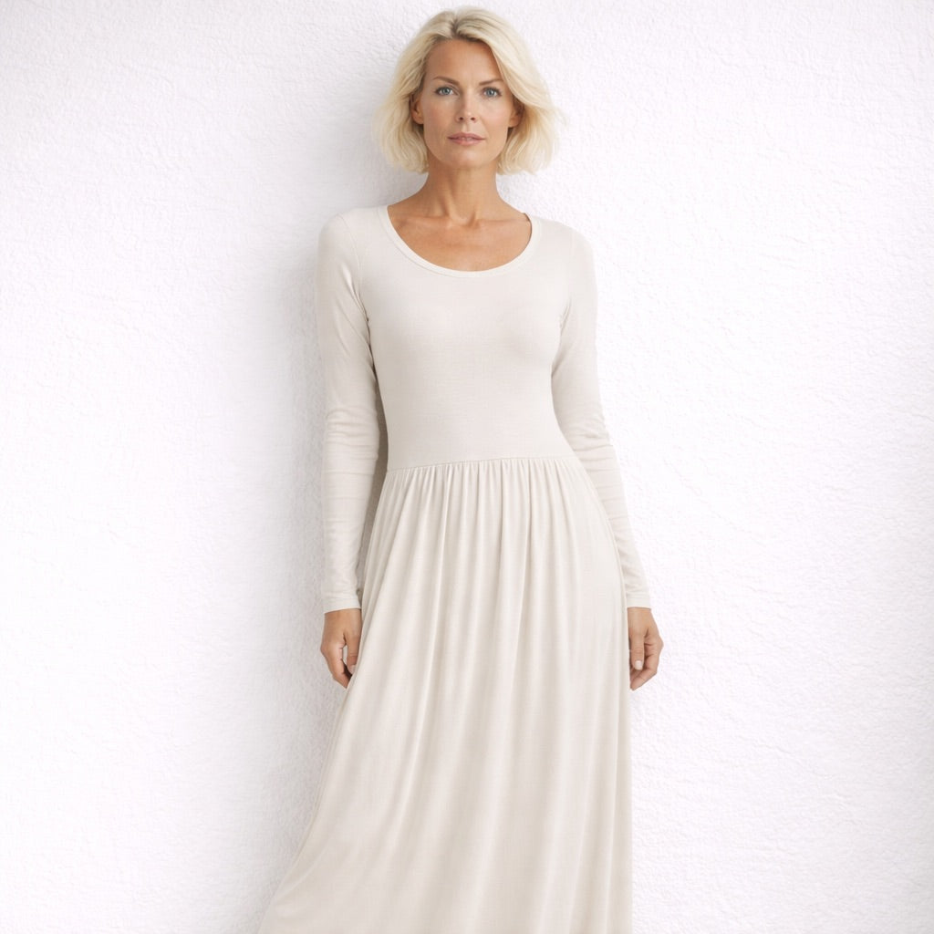 Long scoopneck wool or cotton dress