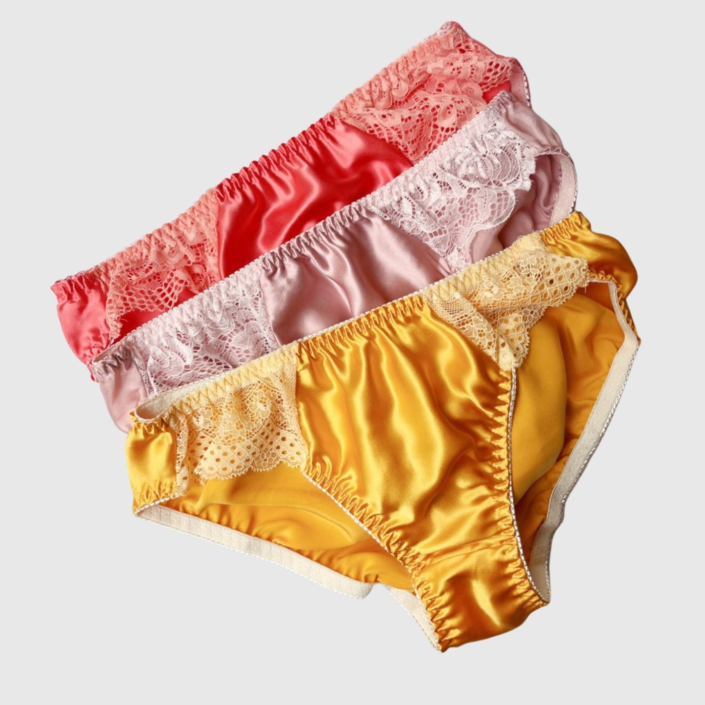 100% Silk bikini brief with scalloped lace | Gold, Rose, Coral