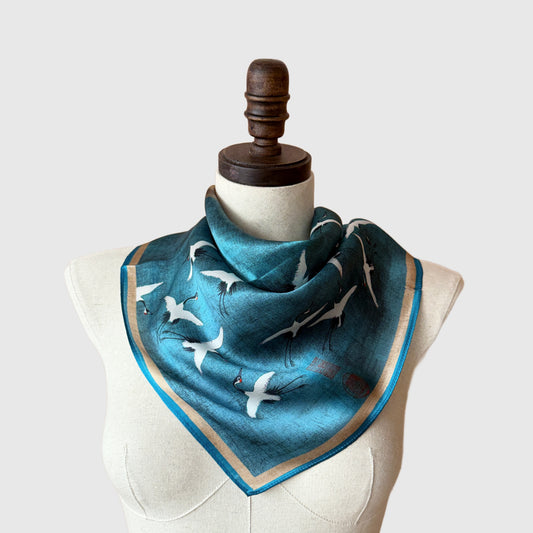 Teal and Cranes Floral Silk Neck Scarf | Silk Necktie