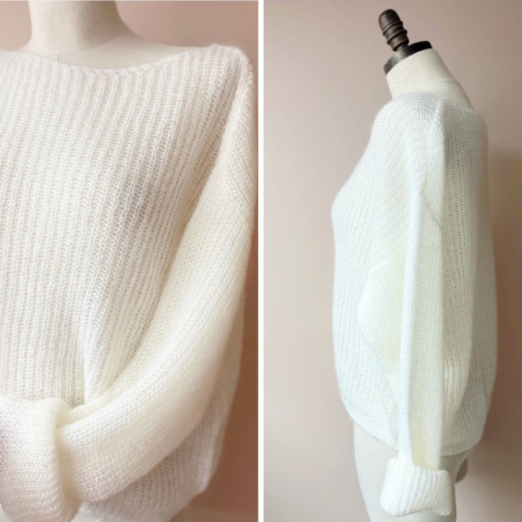 natural hand knitted Oversized wool top, Soft and airy, Fuzzy texture, Machine knit, Merino blend, Relaxed fit, Boat neckline, Extra long sleeves, Boho-style, 2 sizes 4 colors, Vanilla shade, Stretchy knit, Ontario Canada
