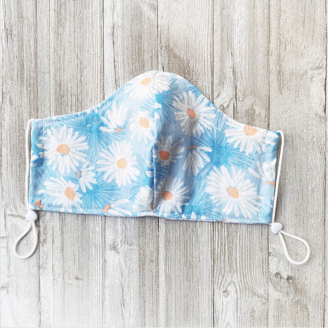 face mask with daisies | Buy organic cotton face masks | Shop made in Canada face masks | Silk, cotton and linen face masks from Canada 