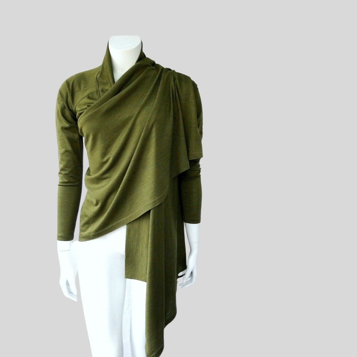 Olive green wool cardigan | 100% merino wool jersey top | Shop merino wool clothing made in Canada | Women's organic clothes store | Econica