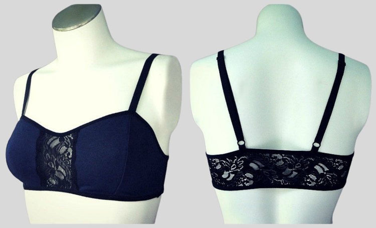 Lace back navy blue organic bralette Canada | Shop organic cotton bras made in Canada | econica - women's lingerie boutique